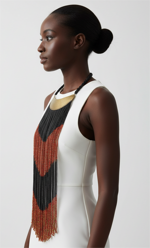 Woman wearing a white sleeveless top with a colorful beaded necklace on a plain background