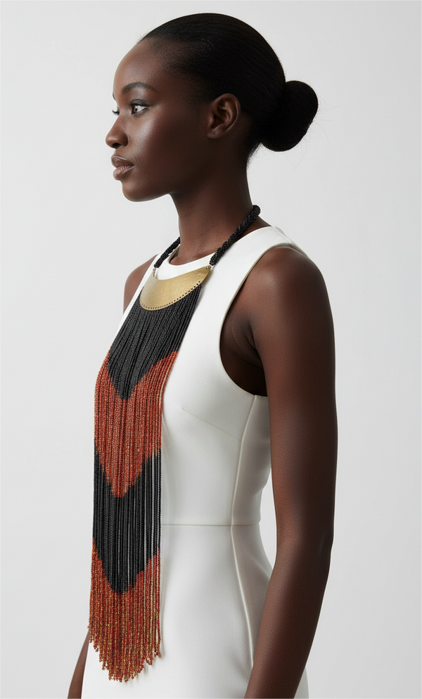 Woman wearing a white sleeveless top with a colorful beaded necklace on a plain background