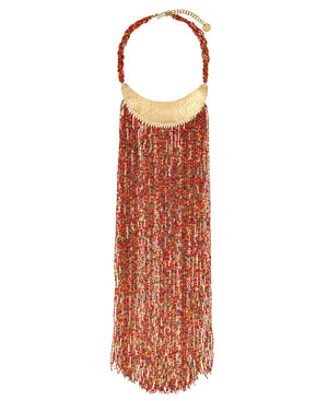 A Maasai long beaded statement necklace with a brass collar, showcasing the necklace's vibrant colors and intricate design.