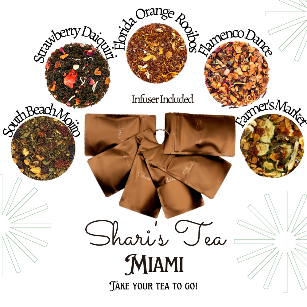 Close-up of Shari's to go kit with tea travel thermos and passport