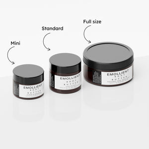 Comparison of My Emollient body butter sizes including mini travel size, standard 4 oz jar, and full-size body butter jar for long-lasting hydration and sensitive skin care.