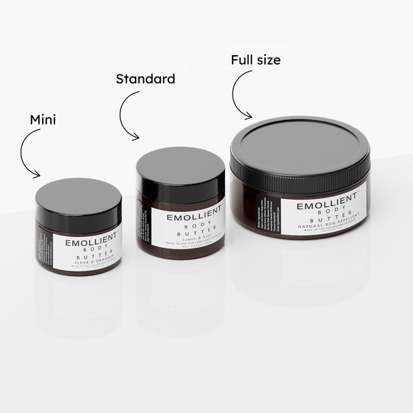 Comparison of My Emollient body butter sizes including mini travel size, standard 4 oz jar, and full-size body butter jar for long-lasting hydration and sensitive skin care.