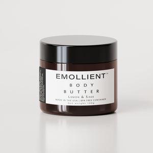 Lemon & Sage body butter by My Emollient, a natural body moisturizer for dry skin made with organic butters and oils to provide long-lasting hydration and a non-greasy finish.
