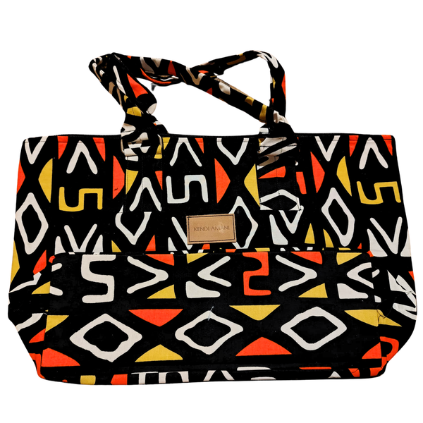 Colorful geometric patterned nairobi totebag with a visible brand label on a white background