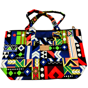 Colorful geometric patterned nairobi totebag with a visible brand label on a white background