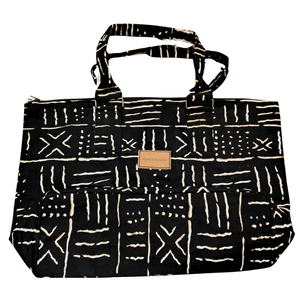 nairobi totebag with black and white pattern and visible brand logo on a white background