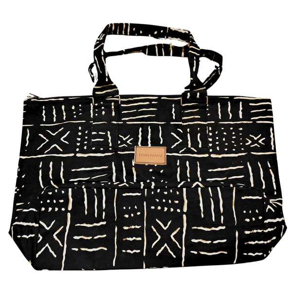 nairobi totebag with black and white pattern and visible brand logo on a white background