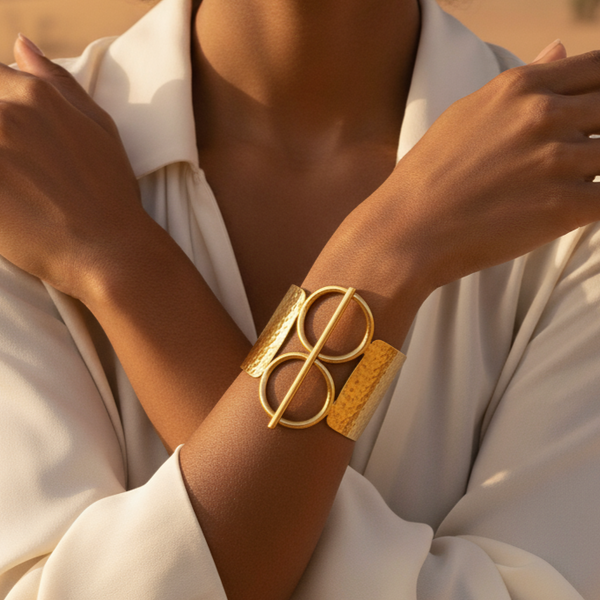 Gold bracelet on a wrist with a neutral background