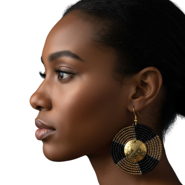 Close-up of a woman wearing large, earrings on a white background