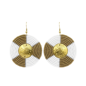 Pair of earrings with gold and white design on a white background