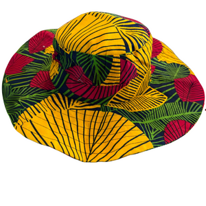 Colorful bucket hat with a leaf pattern on a white background